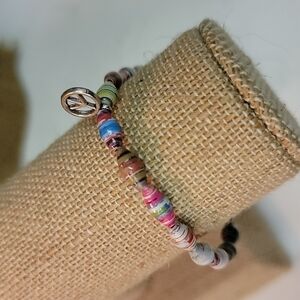 New Handmade Recycled Magazine Bead Peace Sign Stretch Bracelet
